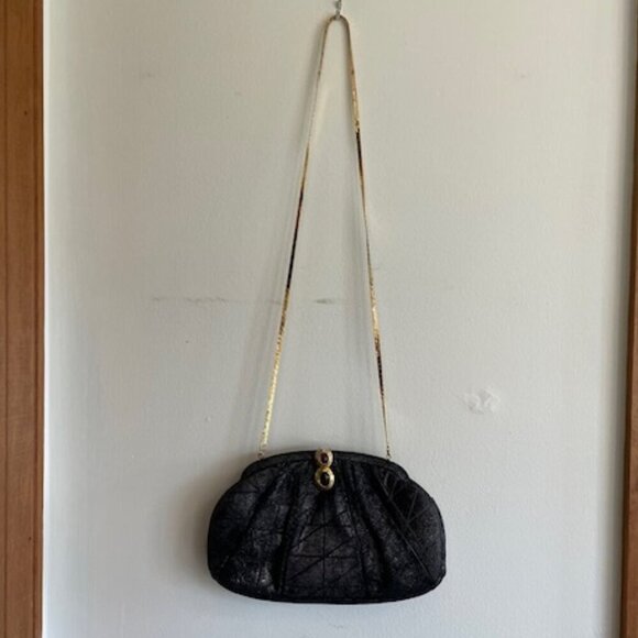 JUDITH LIEBER Vintage Minaudière Black Metallic Suede Gemstone Clasp Purse - Picture 6 of 17